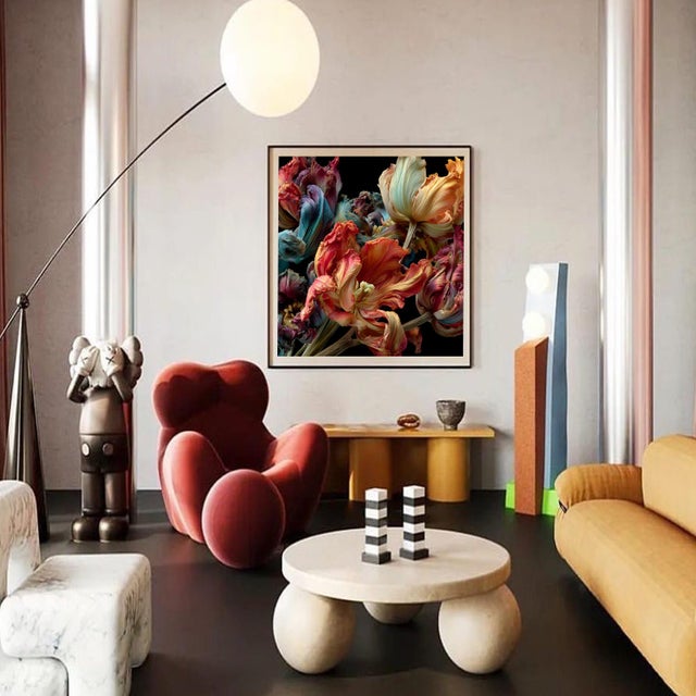 An opulent floral study where silk-like petals twist and bloom in impossible colors, suspended against darkness, blurring...