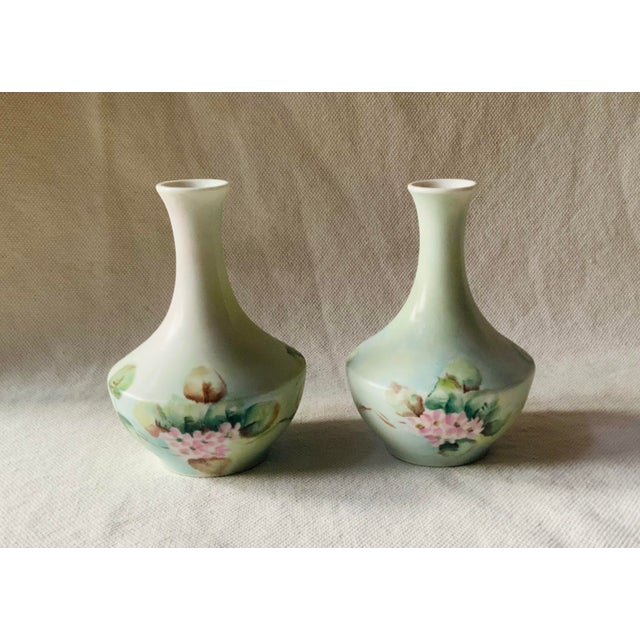 1900 - 1909 Pair of Antique French Porcelain Hand-Painted Bud Vases — Celadon, Pink Roses & Peaches, C. 1900 For Sale - Image 5 of 6