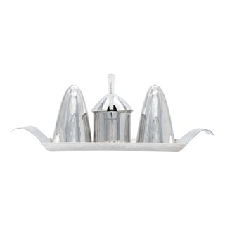Elizabeth II Modernist Sterling Silver Cruet Set, Birmingham, 1965, Set of 5 For Sale