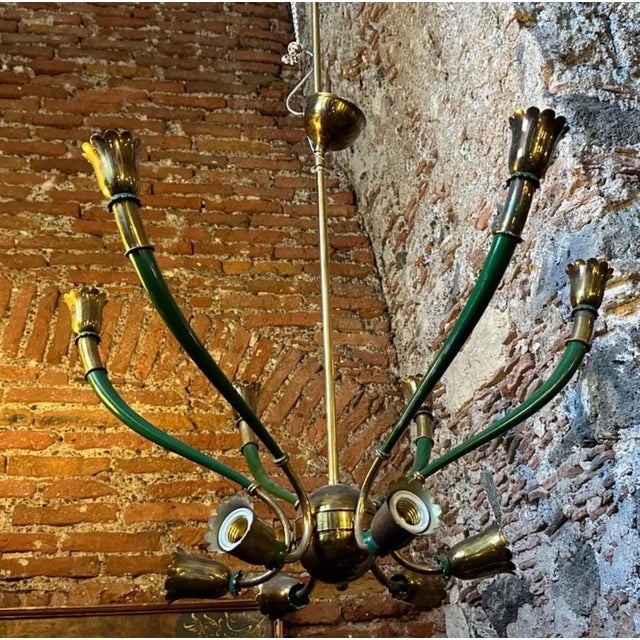 Brass 1960s Mid-Century Modern Green Painted Metal and Brass Italian Chandelier For Sale - Image 8 of 9