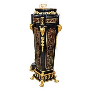 Black Wood Pedestal With Bronze Accents, Gold Leaf Details & Marble Top For Sale