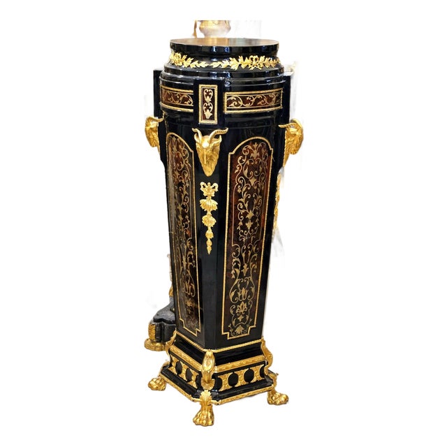 Black Wood Pedestal With Bronze Accents, Gold Leaf Details & Marble Top For Sale