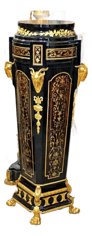 Black Wood Pedestal With Bronze Accents, Gold Leaf Details & Marble Top