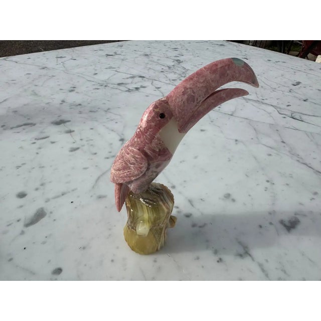 Contemporary Late 20th Century Pink Quartz Stone Toucan Parrot on Onyx Tree Stump For Sale - Image 3 of 8