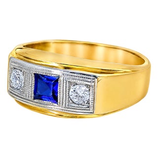 14K Two Tone Gold Sapphire Diamond 3 Stone Unisex Antique Band Ring For Sale