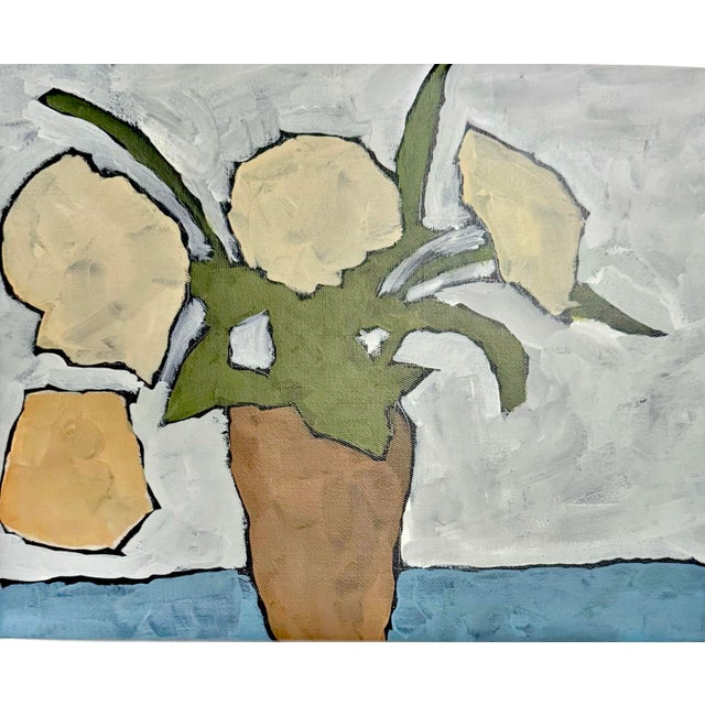 This original abstract still life painting features a simplified plant in a pot rendered in neutral and earthy tones. The...