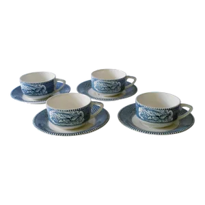 Mid 20th Century Currier & Ives Cups and Saucers Set- 8 Pieces