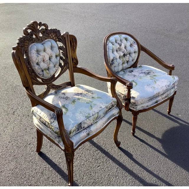 Mid Century Vintage Chairs With Carved Oak Wood Frames- Set of 2 For Sale - Image 4 of 10