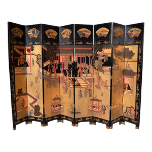 Mid 20th Century Gold Coromandel Asian Eight Panel Black Lacquer Screen