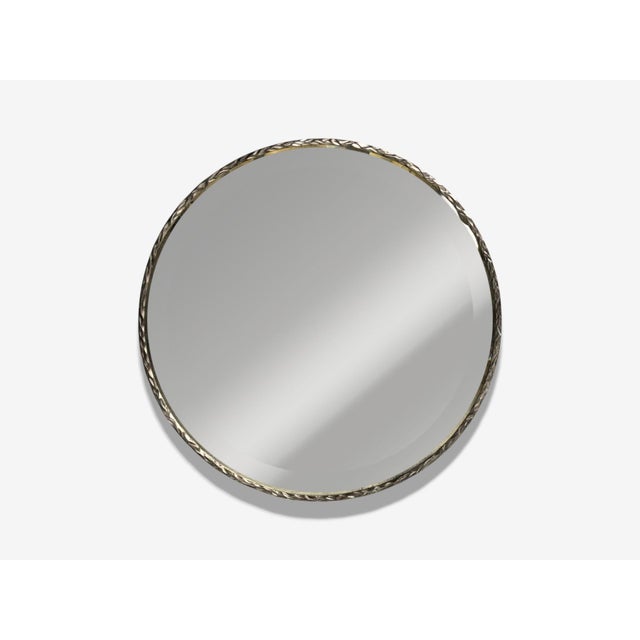 Brutalist, Circular Modern Wall Mirrors, Hammered Metal, Distressed Glass, 21st c. Pair of modernist wall mirrors having a...