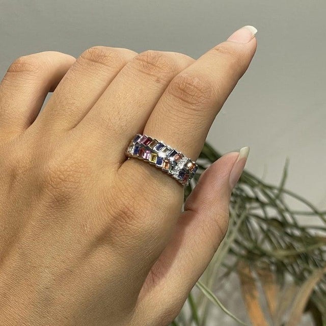 Not Yet Made - Made To Order 2.3 Ct Modern Multi Sapphire & Diamond Band Ring in 925 Sterling Silver, Size 6 For Sale - Image 5 of 14