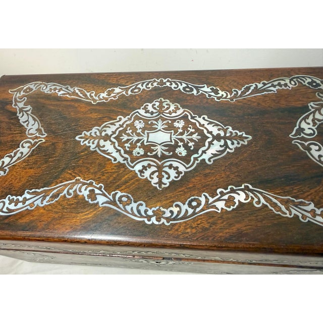 19th Century Antique 1800's English Inlaid Mother of Pearl Rosewood Wood Dual Tea Caddy Box For Sale - Image 5 of 18