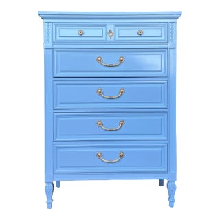 1970s Mid-Century Blue Hydrangea Lingerie Chest of Five Drawers For Sale