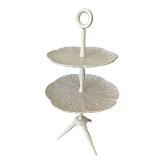 Elegant Vintage White Two Tier Ceramic Serving Stand For Sale