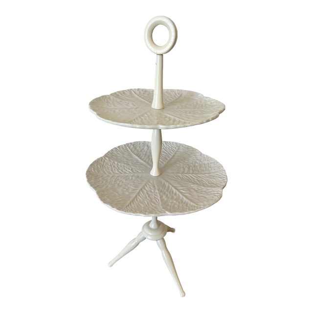 Elegant Vintage White Two Tier Ceramic Serving Stand For Sale