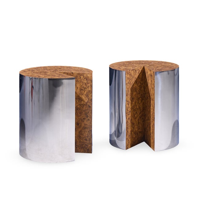 Leon Rosen for Pace Style Mid Century Pac-Man Chrome Drum Tables - Pair Each side table measures: 20 wide x 20 deep x...