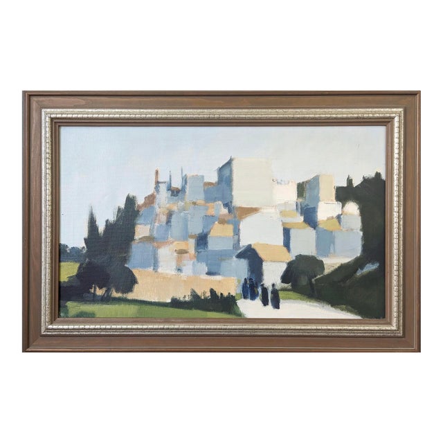 Mid-Century Modern "City Stroll" Vintage Swedish Cityscape Street Scene Oil Painting, Framed For Sale