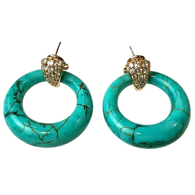 Metal 14k Yellow Gold Turquoise & Black Onyx Diamond Door Knocker Earrings, A Pair For Sale - Image 7 of 9