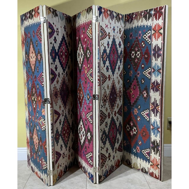 One-of-a-Kind Custom Antique Flat-Weave Oriental Kilim Folding Screen For Sale In Miami - Image 6 of 18