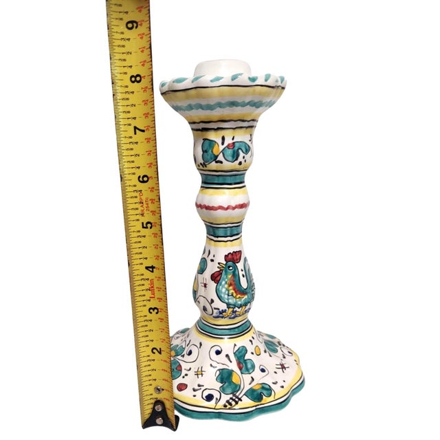Ceramic Pair of Vintage Italian Candlesticks Roosters Yellow Green Bird Hand Painted d'Arna Perugia Italy For Sale - Image 7 of 8