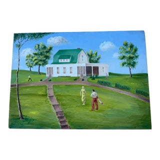 Vintage Signed Country Golf Estate Landscape Painting on Board by Geo Johnson For Sale