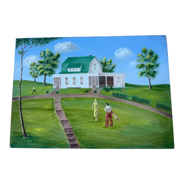 Vintage Signed Country Golf Estate Landscape Painting on Board by Geo Johnson For Sale