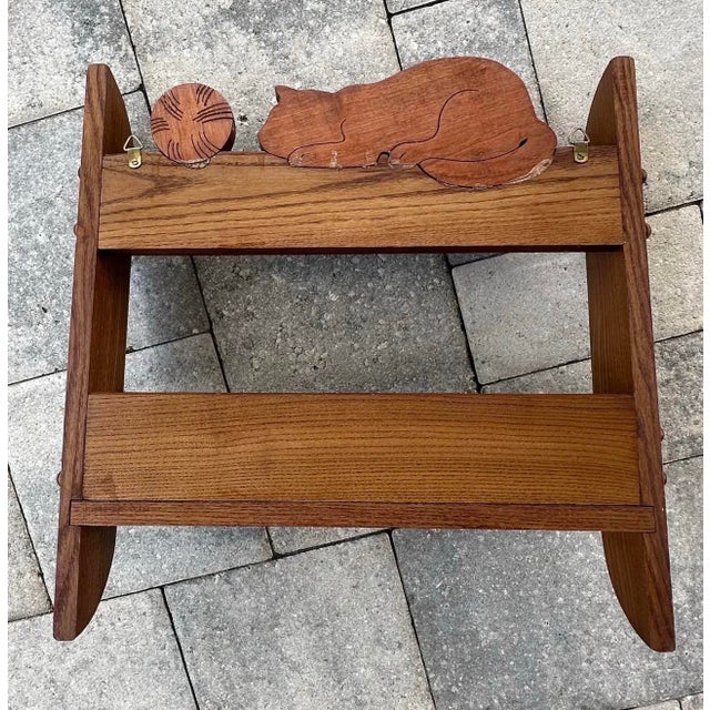 Brown Vintage Mid-Late 20th Century Hand Crafted Oak Wall Shelf With Carved Cat For Sale - Image 8 of 10