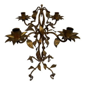 Vintage Gold Toned Leaf Motif Four-Arm Candleholder – Hollywood Regency Style