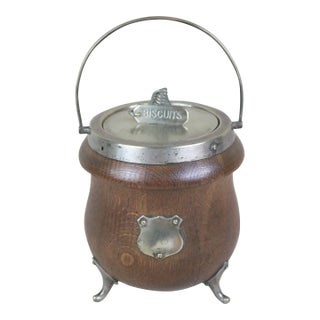 English Late 19th Century Oak and Silver Biscuit Jar For Sale