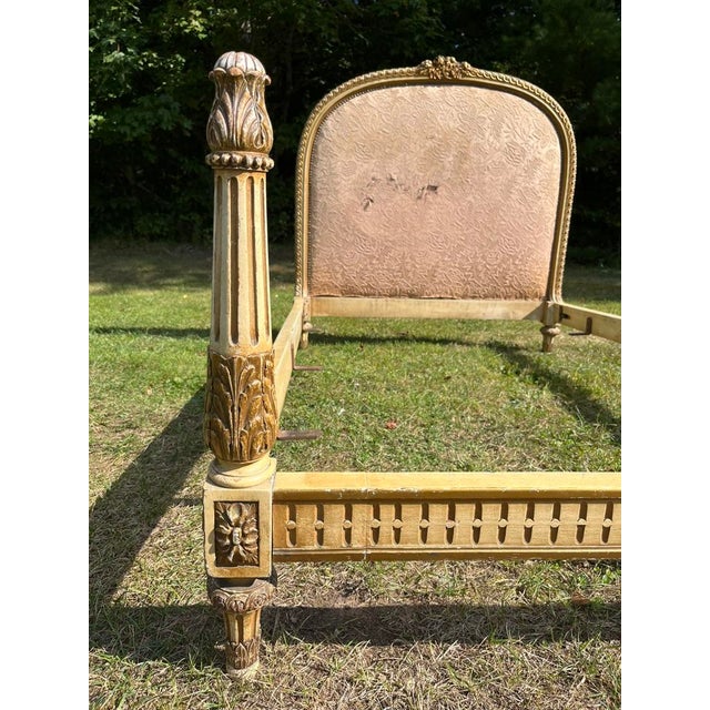 Shabby Chic Antique French Carved Wood and Upholstered Headboard and Bed Frame For Sale - Image 3 of 18