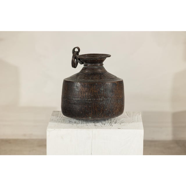 Hand-Hammered Indian Metal Milk Jug with Ring Handle, Vintage For Sale - Image 17 of 18