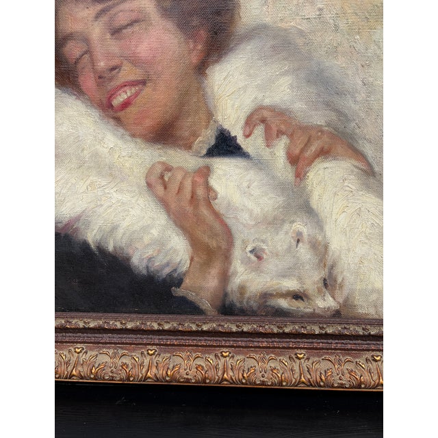 White Early 20th Century Adolfo Belimbau Portrait of a Woman in a White Fox Stole, Antique Italian Oil on Canvas For Sale - Image 8 of 10