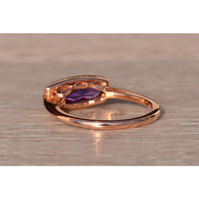 The 93rd Avenue: Contemporary Checkerboard Cut Elongated Amethyst and Natural Diamond Halo Ring in Rose Gold For Sale In Philadelphia - Image 6 of 11