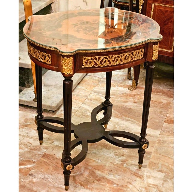 2010s French Style Wood Side Table With Glass Top, Bronze Accents & Gold Leaf Details For Sale - Image 5 of 6