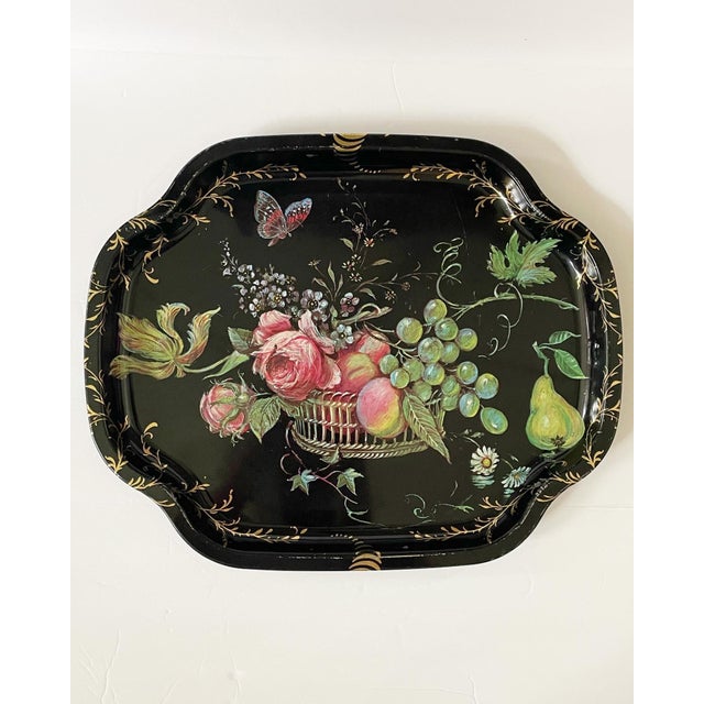 Vintage Metal Tray Manufacturing Company Black Tray With Flowers and