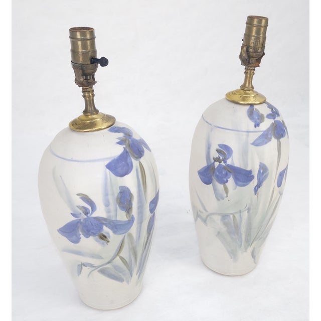 Pair of Ceramic White & Flow Blue Artist Signed Vase Shape Table Lamps MINT For Sale - Image 6 of 9