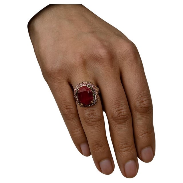 Gemstone Bochic “Capri” Vintage Ruby, Emerald & Diamond Ring Set 18K Gold & Silver For Sale - Image 7 of 15