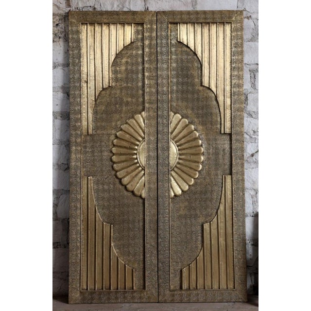 1920s Vintage Brass-Clad Hand-Carved Sliding Barn Door With Artisan Detailing 80x48 For Sale - Image 5 of 8