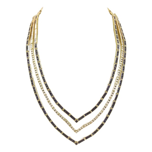Estate 54.60ct Diamond & Sapphire 18k Yellow Gold Fancy 3 Row Necklace For Sale