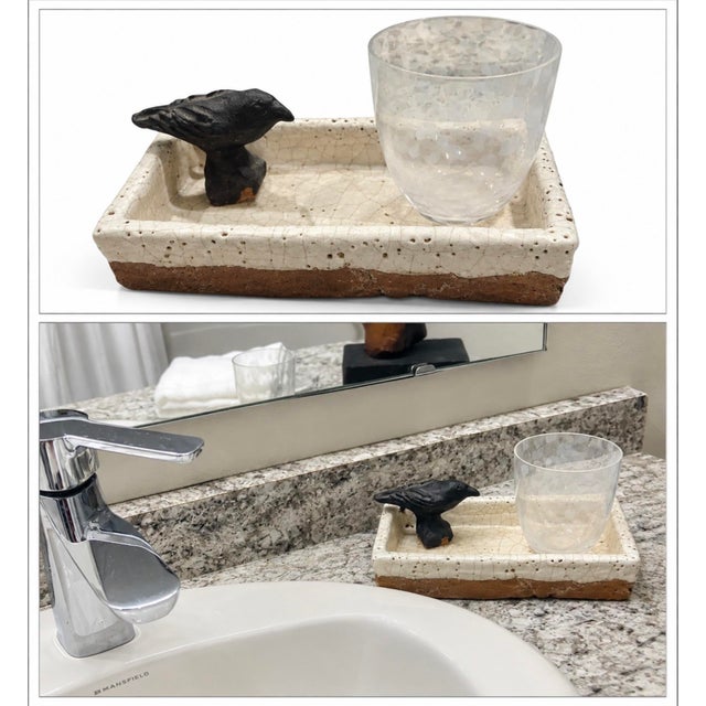 Black Etched Crystal Water Glass With a Pottery Tray, Accented With a Raven For Sale - Image 8 of 8