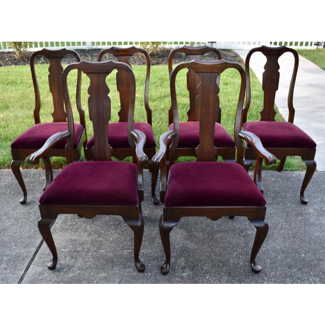 Pennsylvania House Cherry Dining Chairs Vintage Queen Anne Set of 6 Velvet For Sale - Image 9 of 17