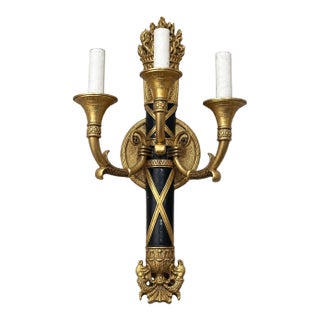 Antique French Empire Brass Torch Design 3 Arm Wall Sconce For Sale