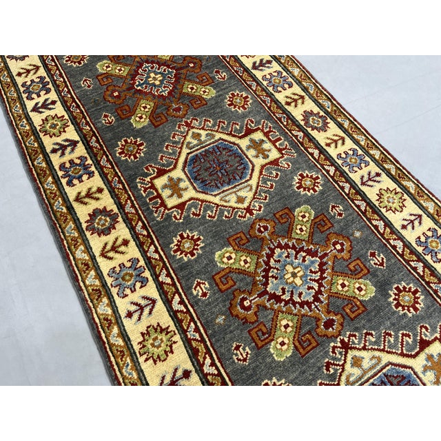 Art Deco Charcoal Gray and Cream Kazak Wool Runner Rug With Tribal Motifs, 2'8" X 6'8" For Sale - Image 3 of 18