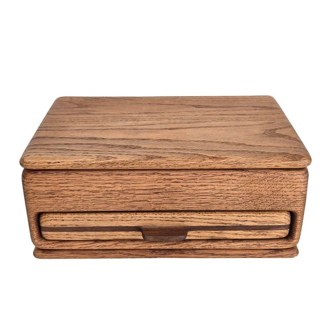 1970s American Craftsman Oak Wood Jewelry Box With Drawer For Sale - Image 13 of 16