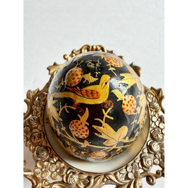 Lovely Vintage Egg w/Painted Enamel Birds In Porcelain Dish & Brass Cherub Stand For Sale - Image 11 of 17