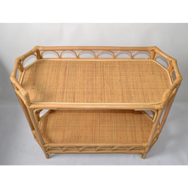 Boho Chic 2 Tier Bent Bamboo & Cane Handwoven Top Kitchen Dry Bar Console Table For Sale - Image 4 of 13