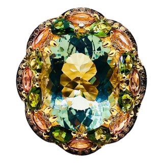Bochic “Orient” Vintage Diamond, Green Amethyst & Pink Tourmaline Ring Set 18K & Silver For Sale