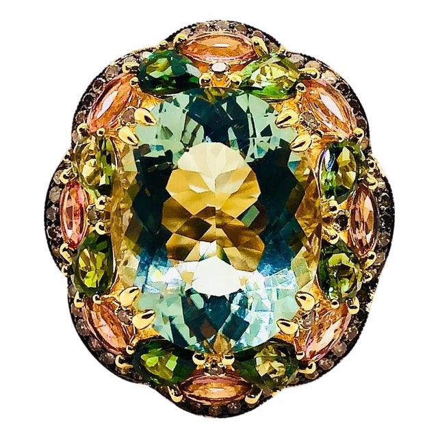 Bochic “Orient” Vintage Diamond, Green Amethyst & Pink Tourmaline Ring Set 18K & Silver For Sale