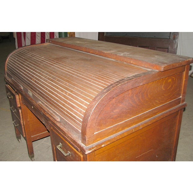 Traditional Antique Roll Top Quarter Sawn Oak Wooden Desk For Sale - Image 3 of 15
