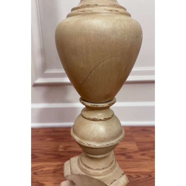 French Baroque Style Taupe Distressed Painted Solid Wood Floor Candlesticks/Plant Stands, a Pair For Sale - Image 12 of 12